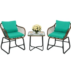 3 Pieces Patio Bistro Set, Patiojoy Outdoor PE Rattan Armchairs and Coffee Table Set with Comfortable Cushions & Adjustable Foot Pads
