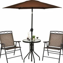 3 Pieces Patio Bistro Set, Outdoor Folding Chairs & Table Set with Tempered Glass Tabletop & Umbrella Hole