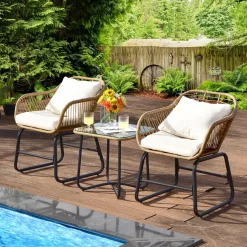 3 Pieces Patio Bistro Set, All Weather Rattan Conversation Set