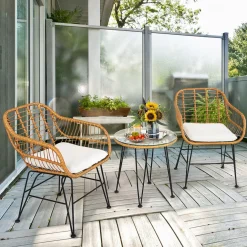 3 Pieces Patio Bistro Set, Rattan Conversation Set with 2 Cushioned Armchairs & Round Glass Coffee Table