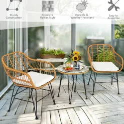 3 Pieces Patio Bistro Set, Rattan Conversation Set with 2 Cushioned Armchairs & Round Glass Coffee Table