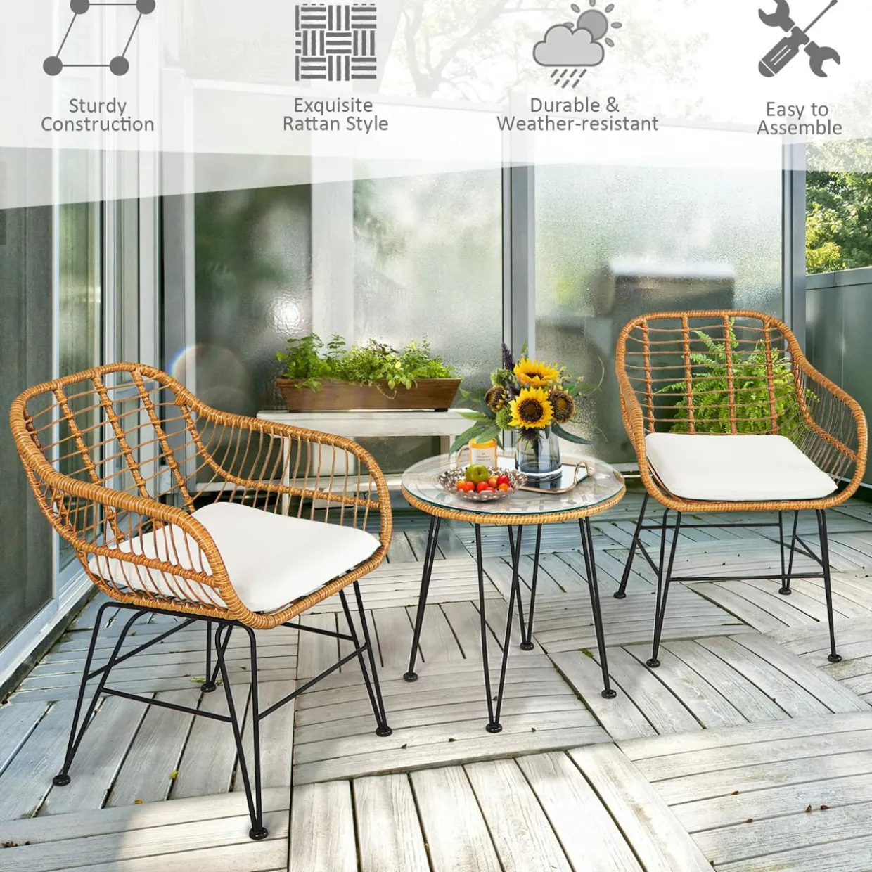 3 Pieces Patio Bistro Set, Rattan Conversation Set with 2 Cushioned Armchairs & Round Glass Coffee Table