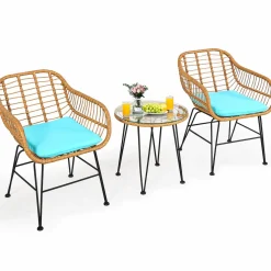 3 Pieces Patio Bistro Set, Rattan Conversation Set with 2 Cushioned Armchairs & Round Glass Coffee Table
