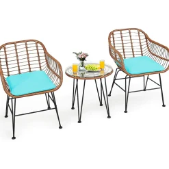 3 Pieces Patio Conversation Bistro Set, Outdoor Wicker Furniture w/Round Tempered Glass Top Table & 2 Rattan Armchairs