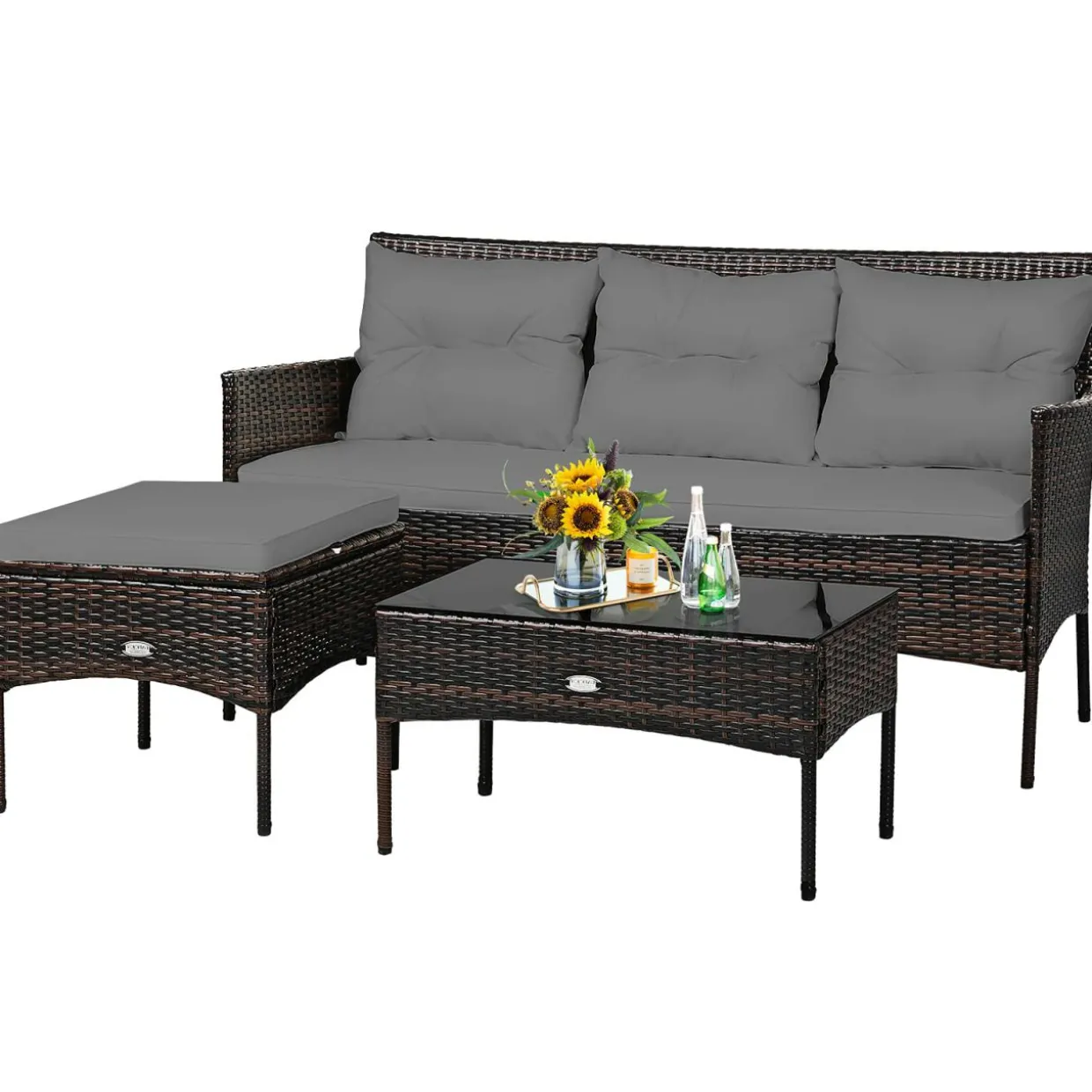 3 Pieces Patio Conversation Set, Outdoor PE Rattan Wicker Furniture Set
