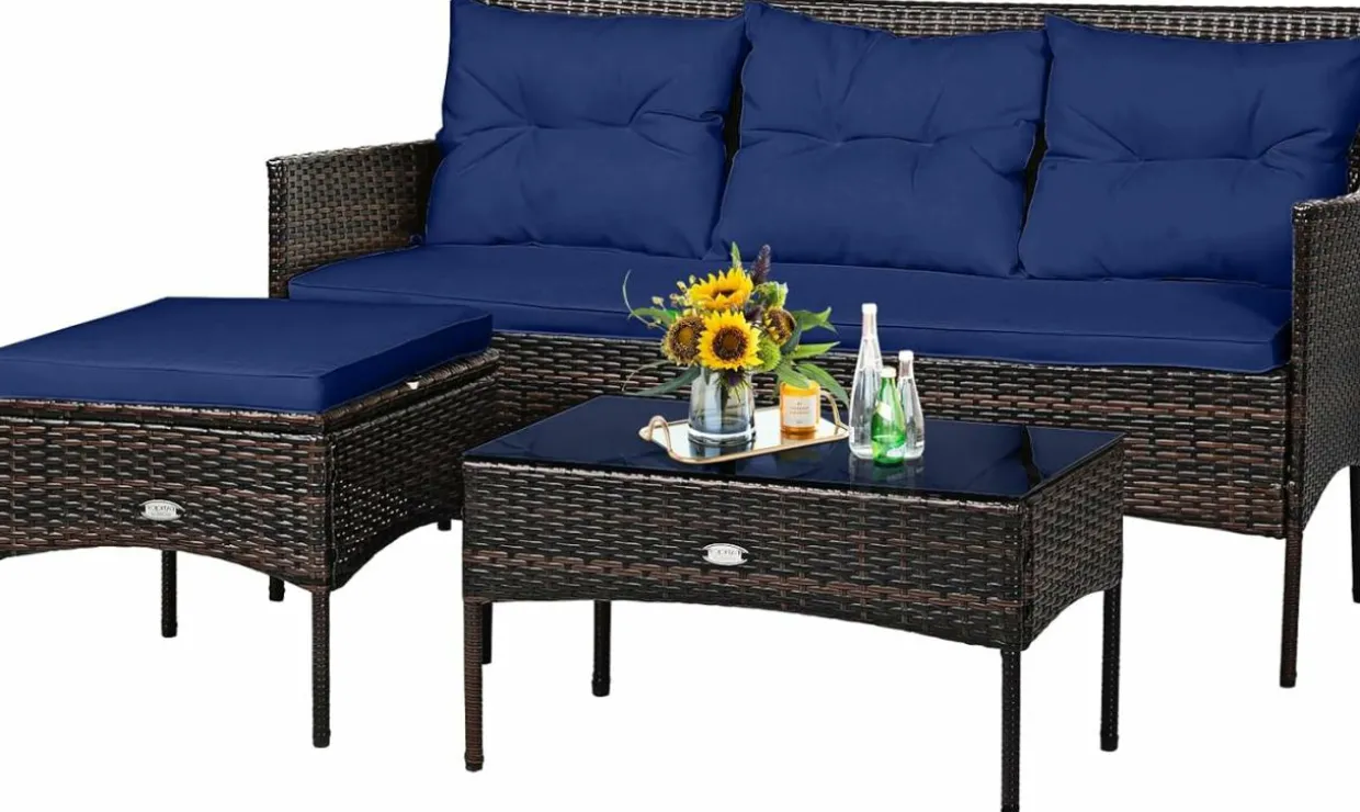 3 Pieces Patio Conversation Set, Outdoor PE Rattan Wicker Furniture Set
