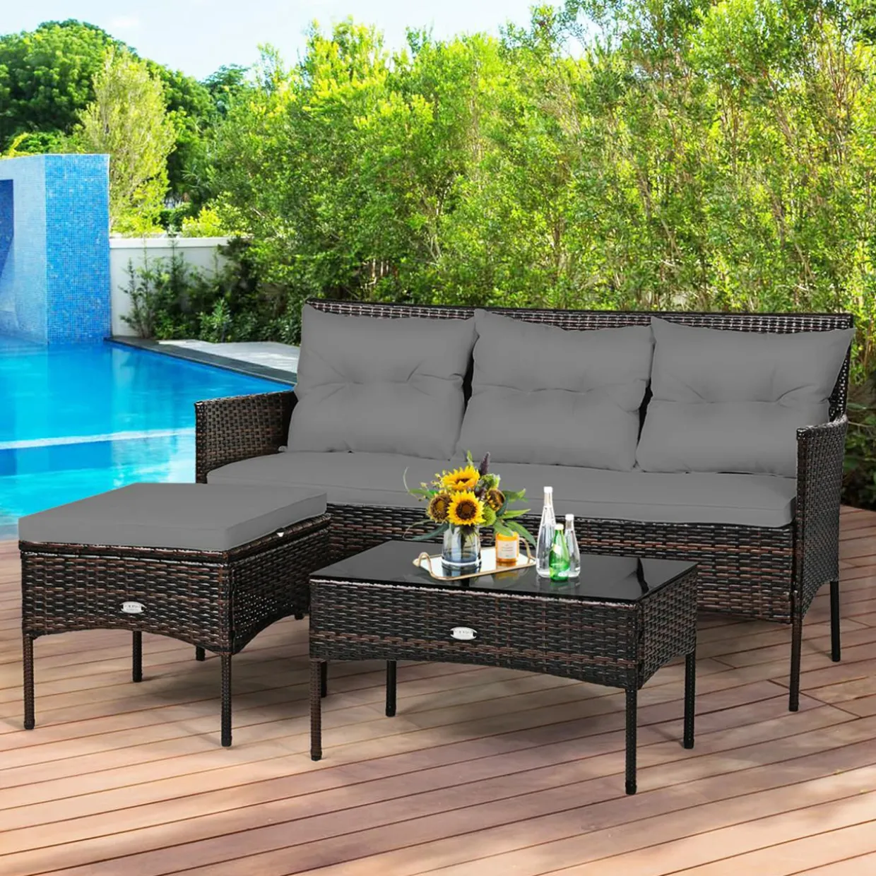 3 Pieces Patio Conversation Set, Outdoor PE Rattan Wicker Furniture Set