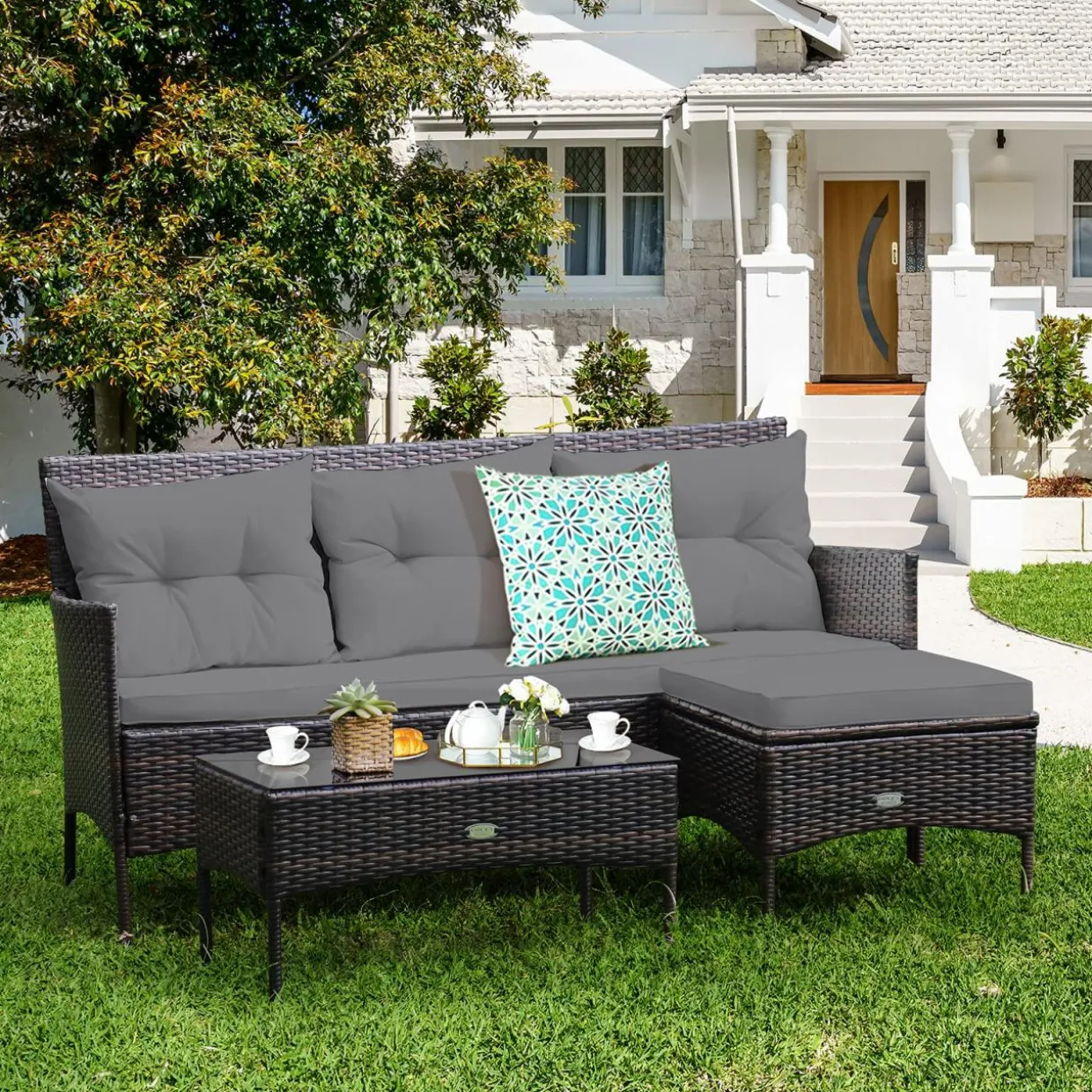 3 Pieces Patio Conversation Set, Outdoor PE Rattan Wicker Furniture Set