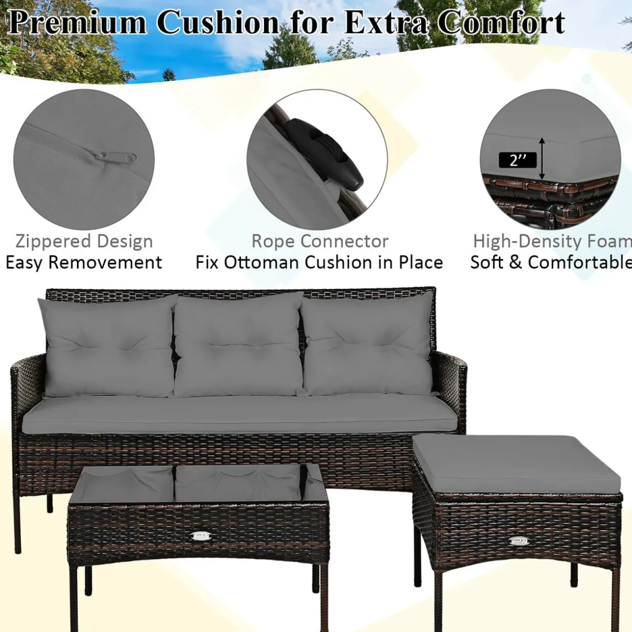 3 Pieces Patio Conversation Set, Outdoor PE Rattan Wicker Furniture Set
