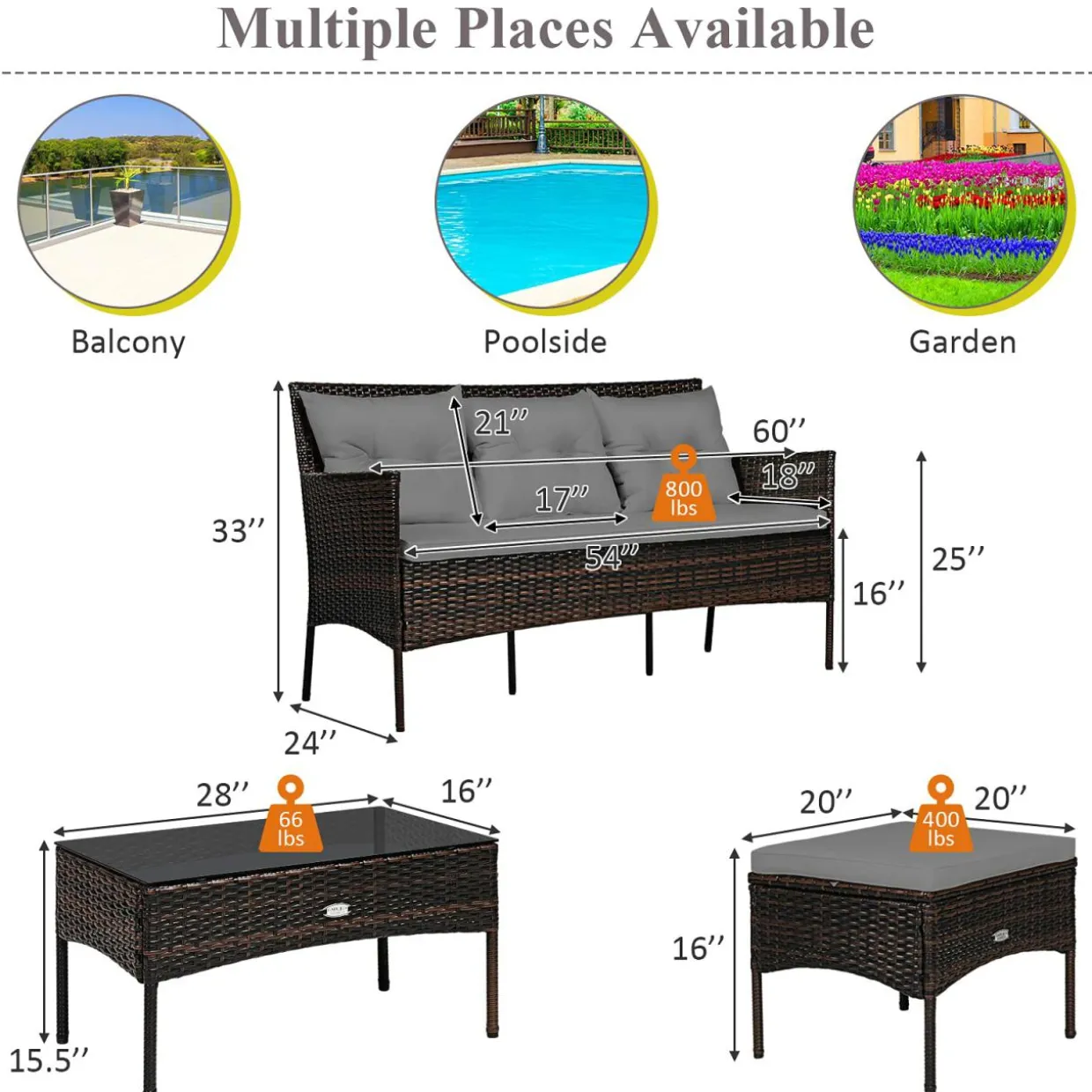 3 Pieces Patio Conversation Set, Outdoor PE Rattan Wicker Furniture Set