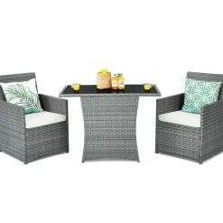 3 Pieces Patio Dining Set, Patiojoy Space-Saving PE Rattan Bistro Set with Tempered Glass Top Table and Cushioned Chairs