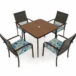 5 Pieces Patio Dining Set, 4 Cushioned Rattan Armchairs & Square Table w/Wood-Plastic Tabletop & Umbrella Hole