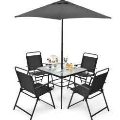 6 Pieces Patio Dining Set with Umbrella, Outdoor Table and Chair Set