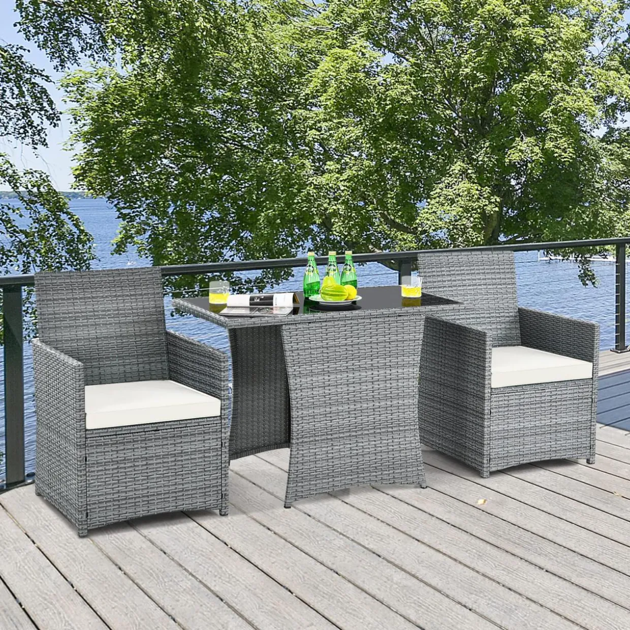 3 Pieces Patio Dining Set, Patiojoy Space-Saving PE Rattan Bistro Set with Tempered Glass Top Table and Cushioned Chairs