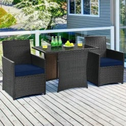 3 Pieces Patio Dining Set, Space-Saving PE Rattan Bistro Set with Tempered Glass Top Table and Cushioned Chairs