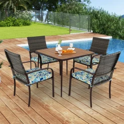5 Pieces Patio Dining Set, 4 Cushioned Rattan Armchairs & Square Table w/Wood-Plastic Tabletop & Umbrella Hole