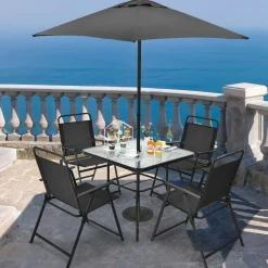 6 Pieces Patio Dining Set with Umbrella, Outdoor Table and Chair Set