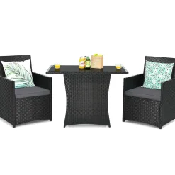 3 Pieces Patio Dining Set, Space-Saving PE Rattan Bistro Set with Tempered Glass Top Table and Cushioned Chairs