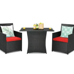3 Pieces Patio Dining Set, Space-Saving PE Rattan Bistro Set with Tempered Glass Top Table and Cushioned Chairs
