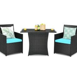 3 Pieces Patio Dining Set, Space-Saving PE Rattan Bistro Set with Tempered Glass Top Table and Cushioned Chairs