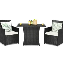 3 Pieces Patio Dining Set, Space-Saving PE Rattan Bistro Set with Tempered Glass Top Table and Cushioned Chairs