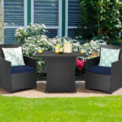 3 Pieces Patio Dining Set, Space-Saving PE Rattan Bistro Set with Tempered Glass Top Table and Cushioned Chairs