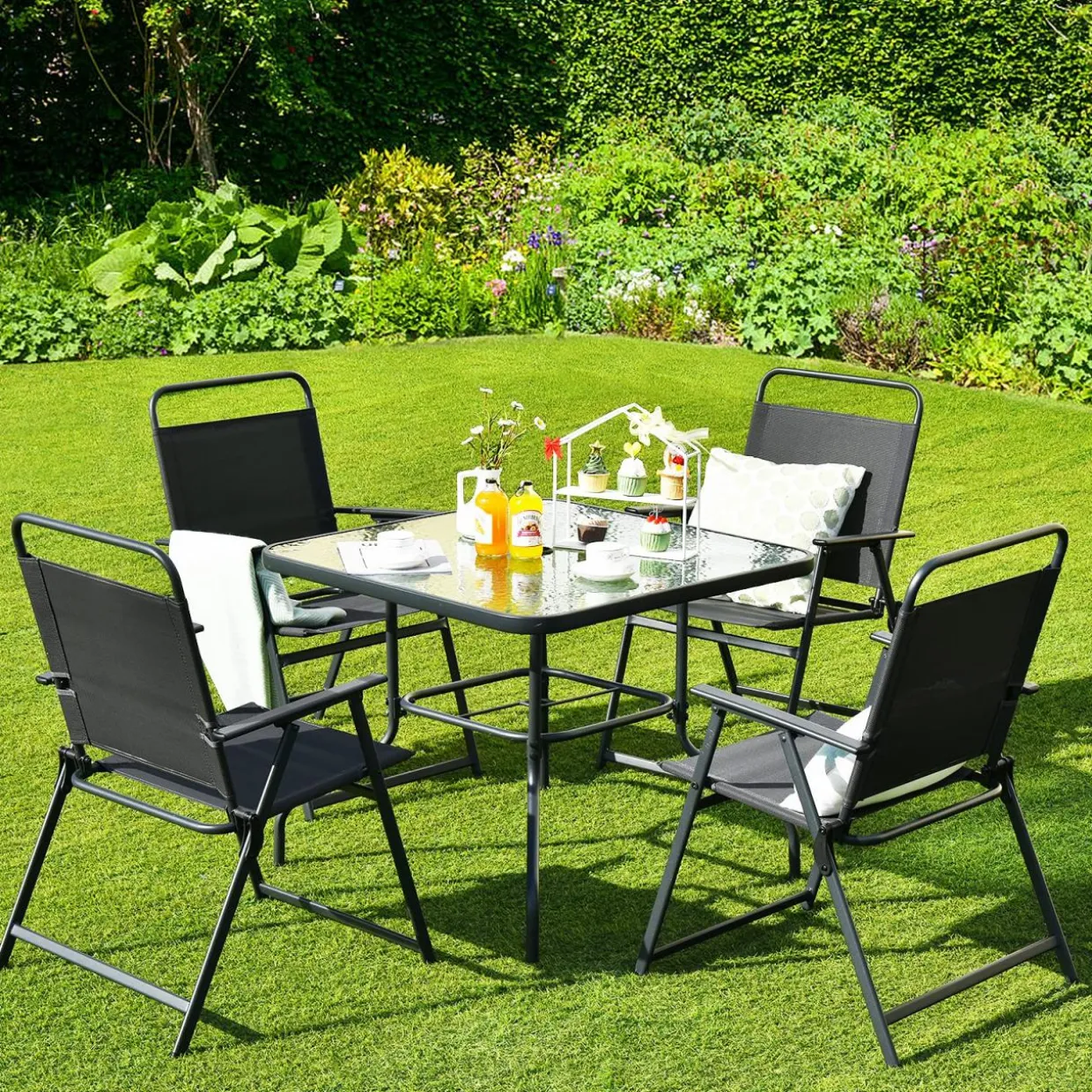 6 Pieces Patio Dining Set with Umbrella, Outdoor Table and Chair Set