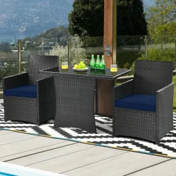 3 Pieces Patio Dining Set, Space-Saving PE Rattan Bistro Set with Tempered Glass Top Table and Cushioned Chairs