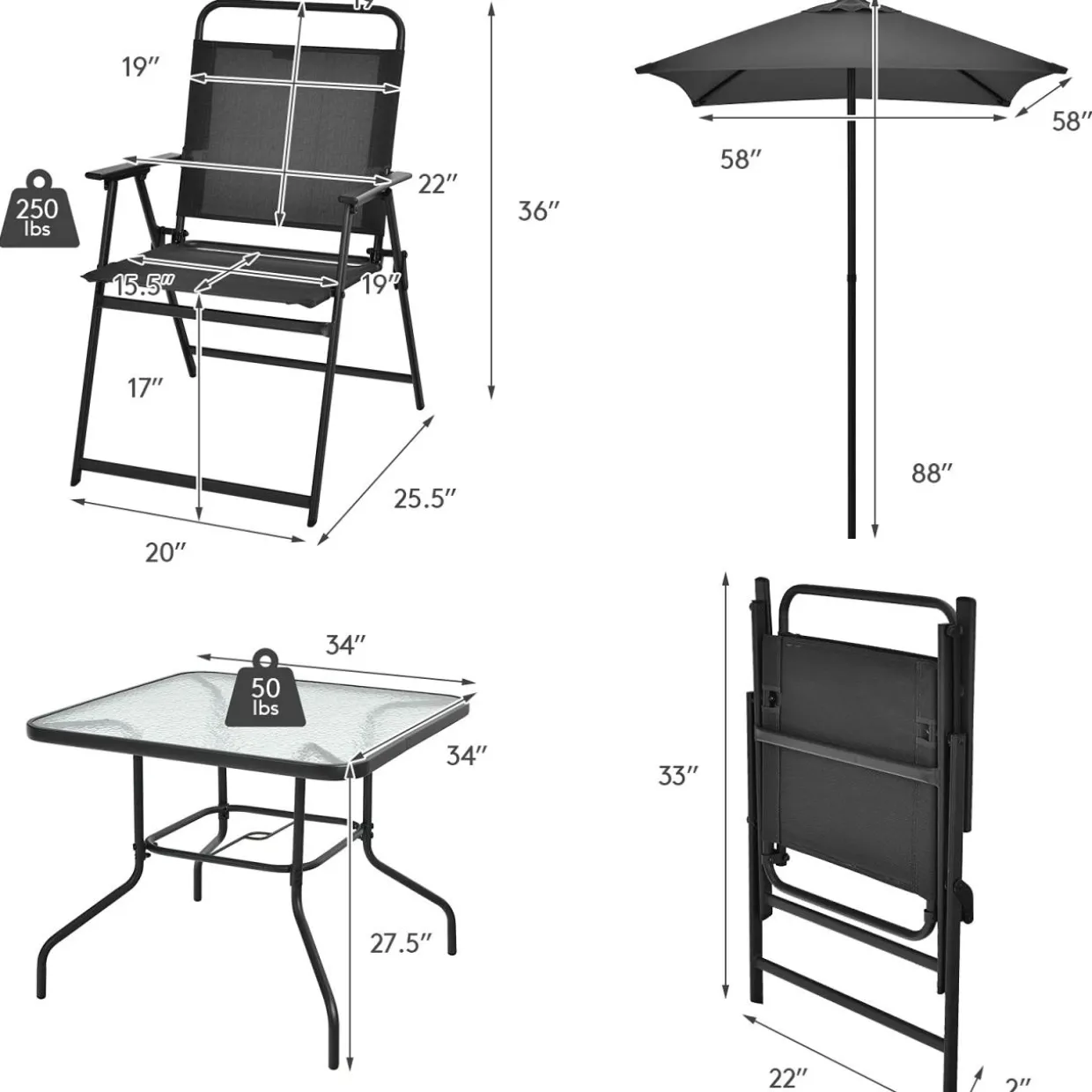 6 Pieces Patio Dining Set with Umbrella, Outdoor Table and Chair Set