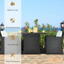 3 Pieces Patio Dining Set, Space-Saving PE Rattan Bistro Set with Tempered Glass Top Table and Cushioned Chairs