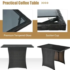 3 Pieces Patio Dining Set, Space-Saving PE Rattan Bistro Set with Tempered Glass Top Table and Cushioned Chairs