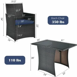 3 Pieces Patio Dining Set, Space-Saving PE Rattan Bistro Set with Tempered Glass Top Table and Cushioned Chairs