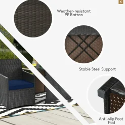 3 Pieces Patio Dining Set, Space-Saving PE Rattan Bistro Set with Tempered Glass Top Table and Cushioned Chairs