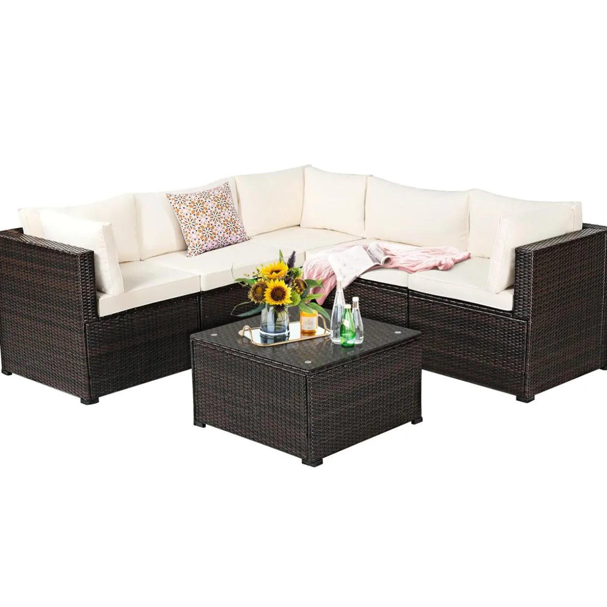 6 Pieces Patio Furniture Set, Outdoor Rattan Sofa Set, Wicker Conversation Set
