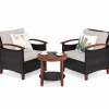 3 Pieces Patio Furniture Set, Outdoor Rattan Sofa and Side Table w/Solid Acacia Wood Frame