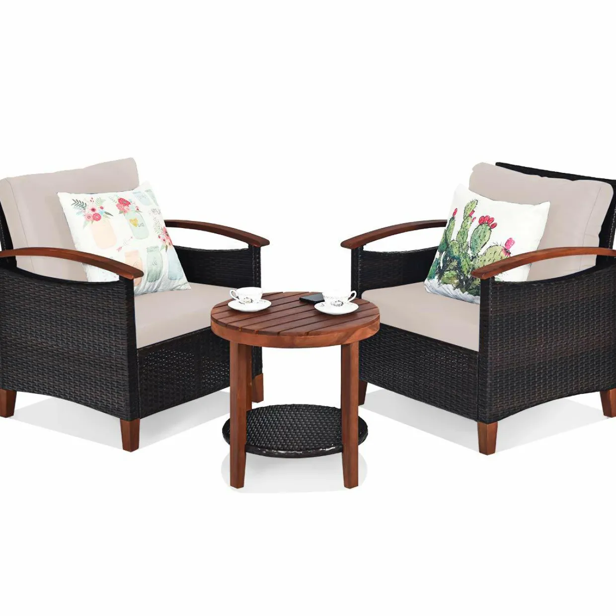 3 Pieces Patio Furniture Set, Outdoor Rattan Sofa and Side Table w/Solid Acacia Wood Frame