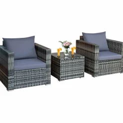 3 Pieces Patio Furniture Set, PE Rattan Wicker Sofa Set w/Washable Cushion and Tempered Glass Tabletop