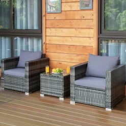 3 Pieces Patio Furniture Set, PE Rattan Wicker Sofa Set w/Washable Cushion and Tempered Glass Tabletop