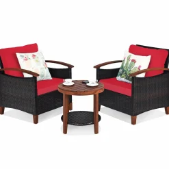3 Pieces Patio Furniture Set, Outdoor Rattan Sofa and Side Table w/Solid Acacia Wood Frame