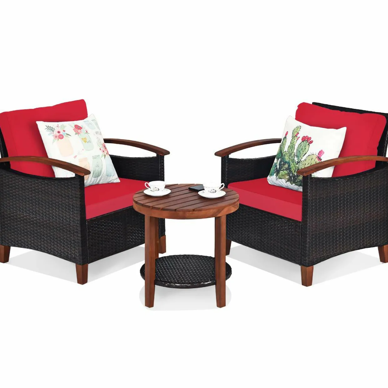 3 Pieces Patio Furniture Set, Outdoor Rattan Sofa and Side Table w/Solid Acacia Wood Frame