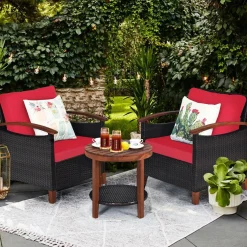 3 Pieces Patio Furniture Set, Outdoor Rattan Sofa and Side Table w/Solid Acacia Wood Frame