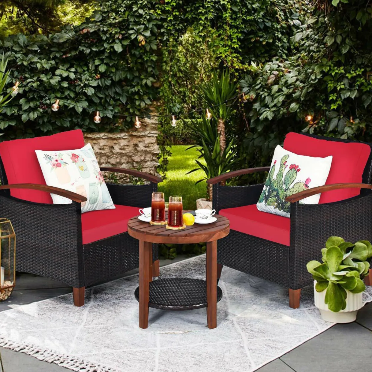 3 Pieces Patio Furniture Set, Outdoor Rattan Sofa and Side Table w/Solid Acacia Wood Frame