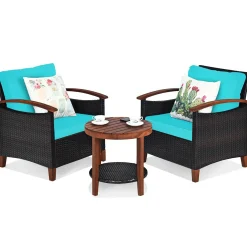 3 Pieces Patio Furniture Set, Outdoor Rattan Sofa and Side Table w/Solid Acacia Wood Frame