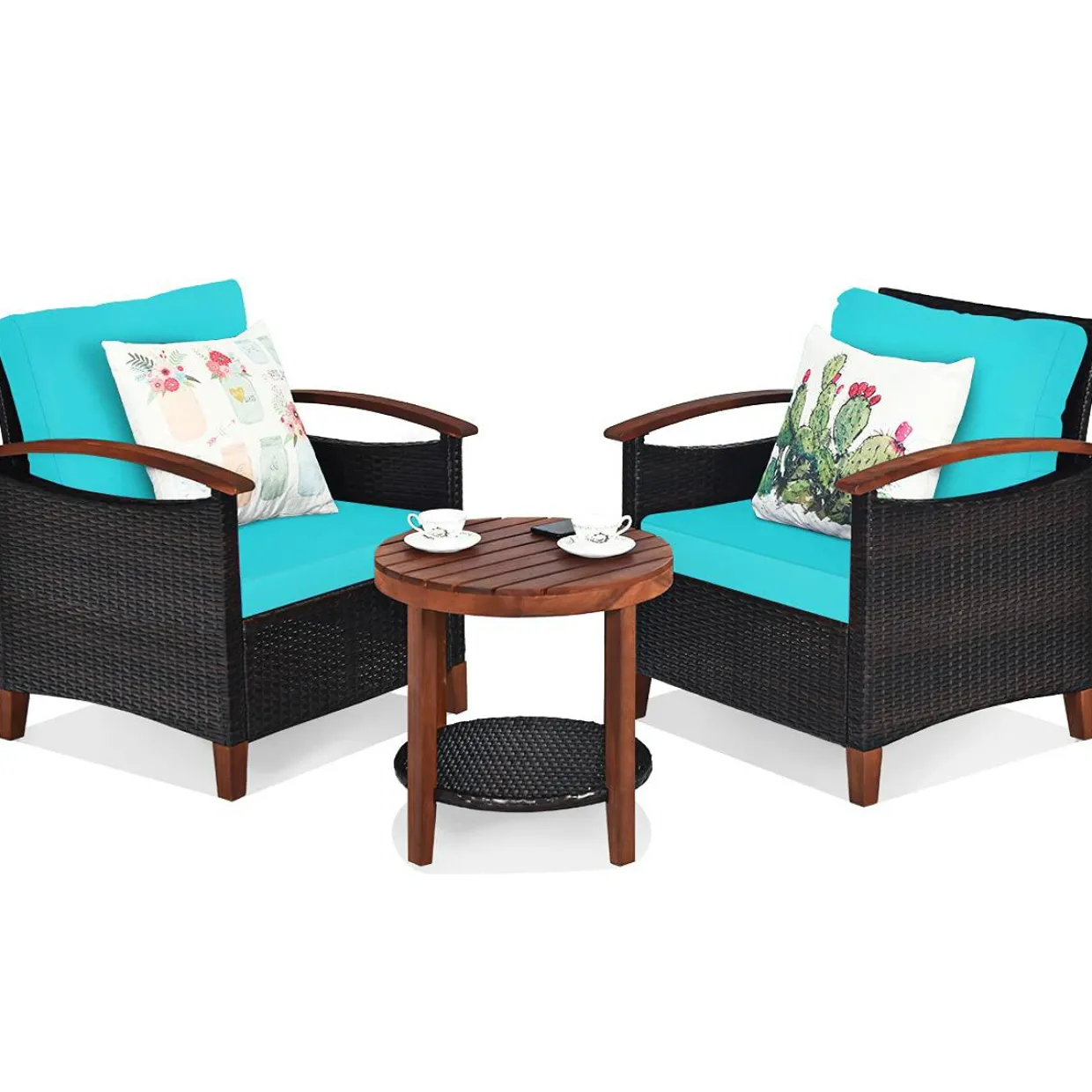 3 Pieces Patio Furniture Set, Outdoor Rattan Sofa and Side Table w/Solid Acacia Wood Frame