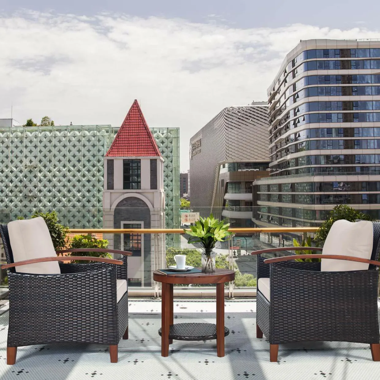 3 Pieces Patio Furniture Set, Outdoor Rattan Sofa and Side Table w/Solid Acacia Wood Frame
