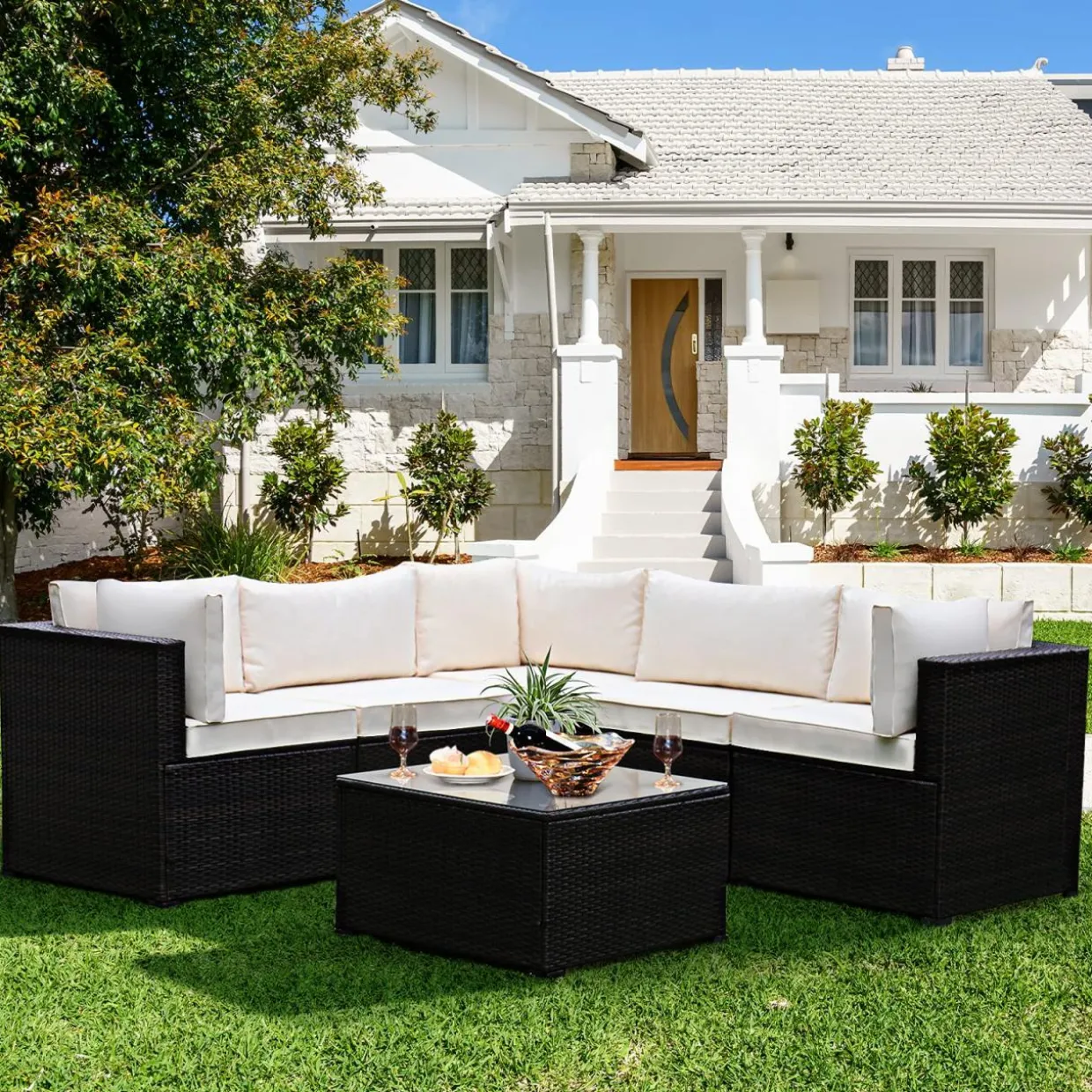 6 Pieces Patio Furniture Set, Outdoor Rattan Sofa Set, Wicker Conversation Set