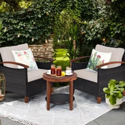 3 Pieces Patio Furniture Set, Outdoor Rattan Sofa and Side Table w/Solid Acacia Wood Frame