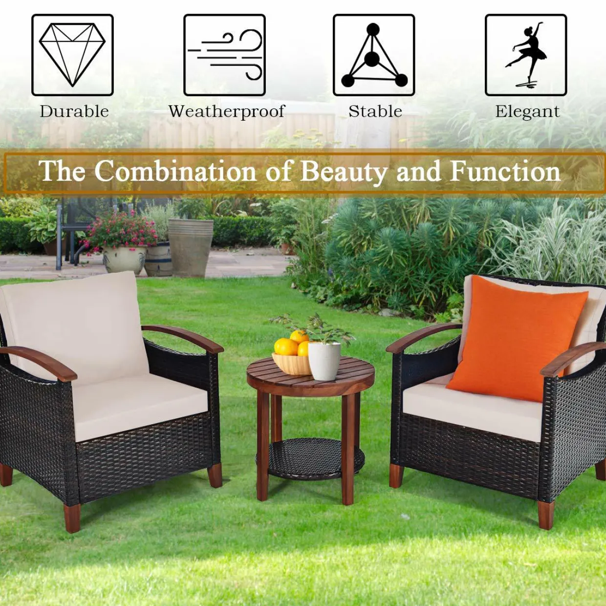 3 Pieces Patio Furniture Set, Outdoor Rattan Sofa and Side Table w/Solid Acacia Wood Frame