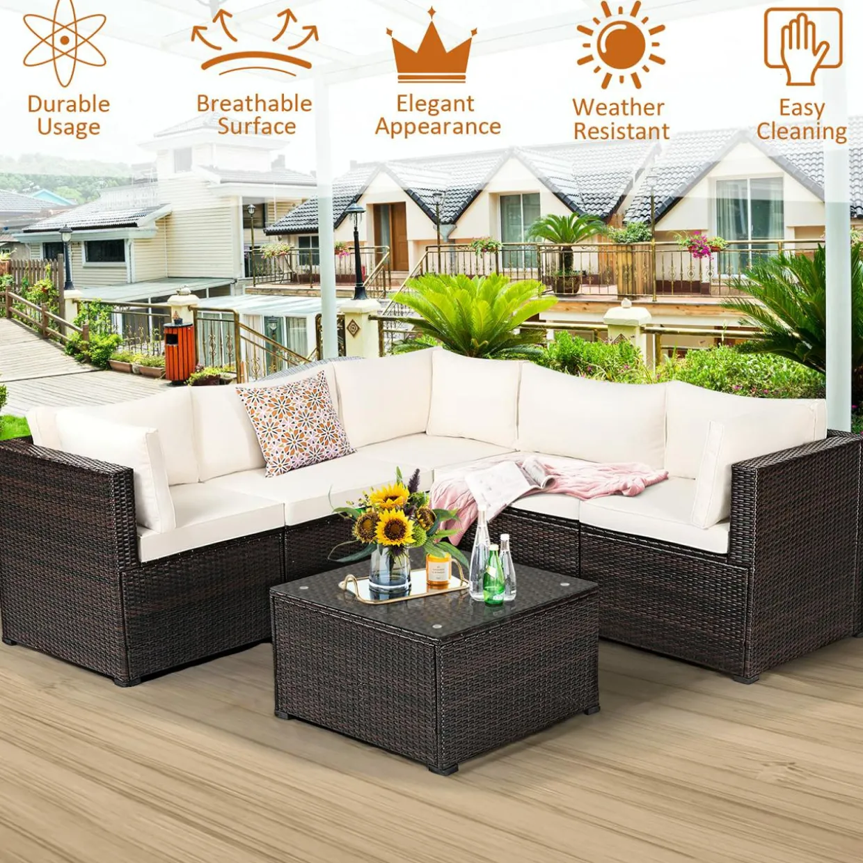 6 Pieces Patio Furniture Set, Outdoor Rattan Sofa Set, Wicker Conversation Set