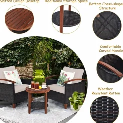 3 Pieces Patio Furniture Set, Outdoor Rattan Sofa and Side Table w/Solid Acacia Wood Frame